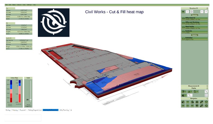 Three-dimensional cut and fill heat map of an industrial building pad, showing cut areas in red and fill in blue alongside calculated earthworks volumes.