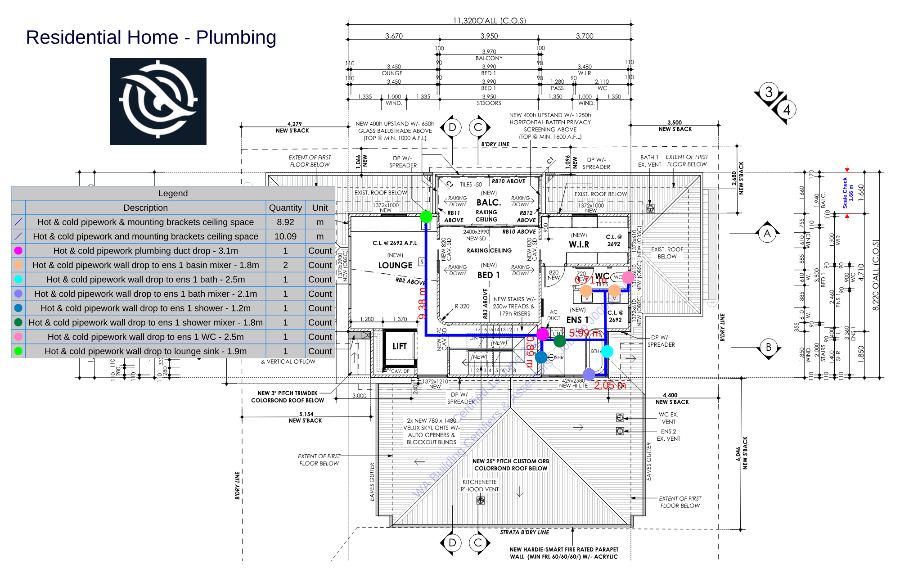 Plumbing takeoff of a residential first floor showing traced hot and cold pipework runs with a legend counting each wall drop.